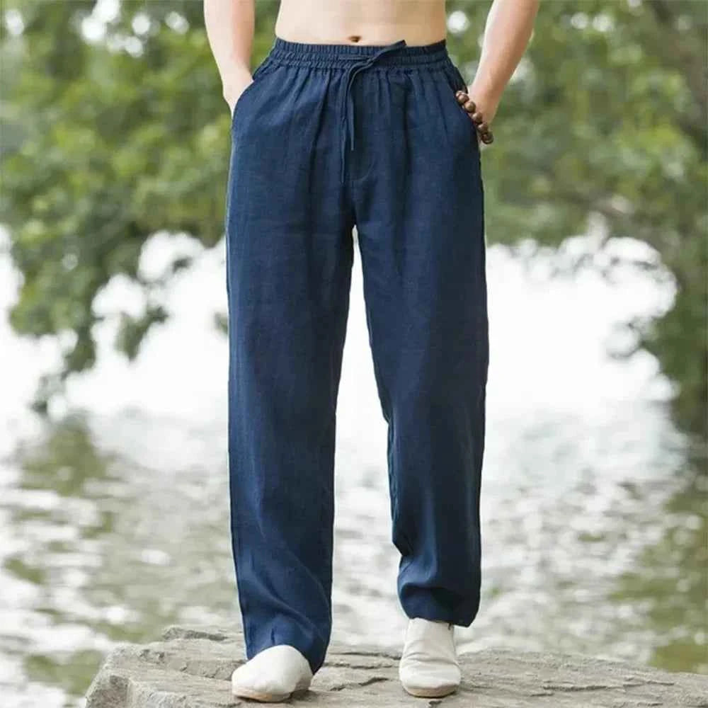2025 summer men's cotton and linen oversized wide leg pants, men's artistic style elastic waist solid color casual loose pants