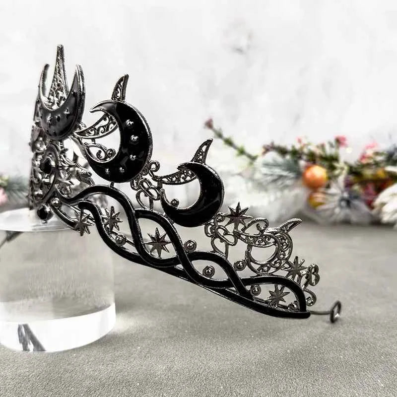 Gothic Black Moon Tiara Dark Queen Crown for Women Baroque Celestial Star Headpiece Vintage Cosplay Halloween Wedding Party Acce