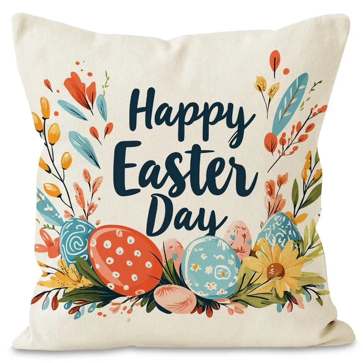 Easter-themed pillow on bed with rabbit pattern