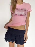 Summer Y2K British Flag Rhinestone Print Round Neck Slim Short Sleeve Ruched Crop T Shirt Women Casual Tee Top 2026 New