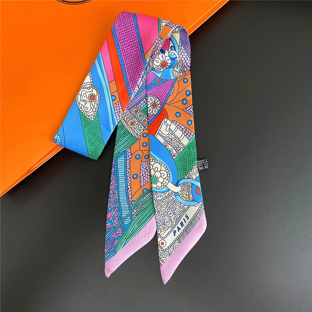 Fashion Women Hair Scarf 2024 New Brand Design Luxury Silk Scarf Fashion Print Headband Skinny Bag Scarves Neckerchief
