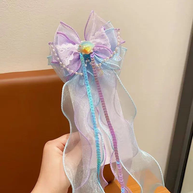Mermaid Long Ribbon Pearl Hair Clip for Kids Cute Daily Wear Ponytail Clip Fashion Girl Photograph Haripin Hair Accessories