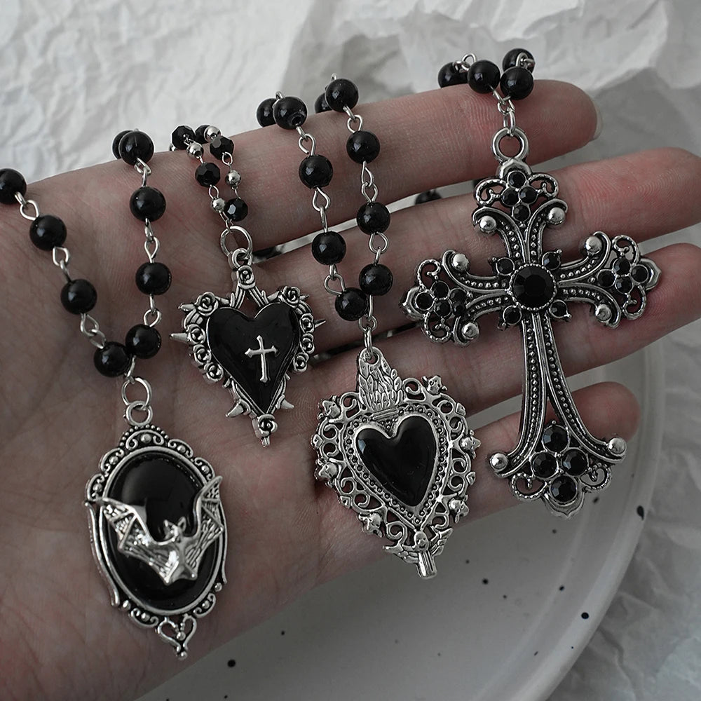 Gothic Bat Cross Dark Pendant Necklace Set, Y2K Personalized Thorn Love Black Bead Stacked Necklace Set, Suitable as Halloween G