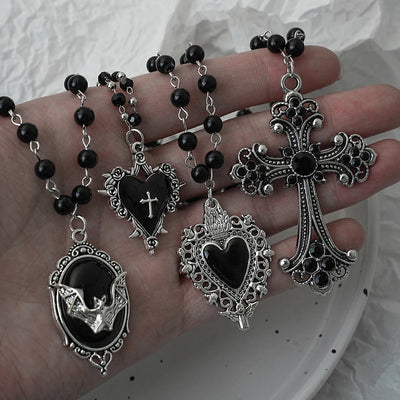 Gothic Bat Cross Dark Pendant Necklace Set, Y2K Personalized Thorn Love Black Bead Stacked Necklace Set, Suitable as Halloween G