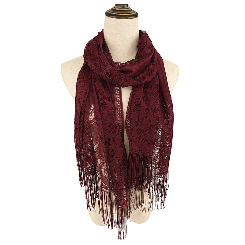RUNMEI Black Yellow Pink Color Floral Lace Scarf Tassel Fringe Shawl Wrap Flower Headscarf Muslim Hijabs scarfs Women Ladies
