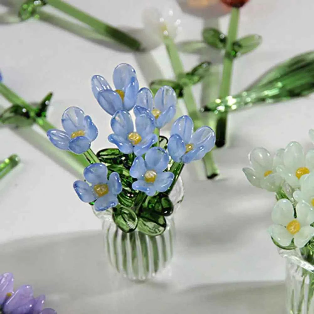 Glass Flower Decor Handcrafted Floral Sculpture Hand-blown Glass Flower Bouquet with Vase Mini Floral Decoration for Home Room