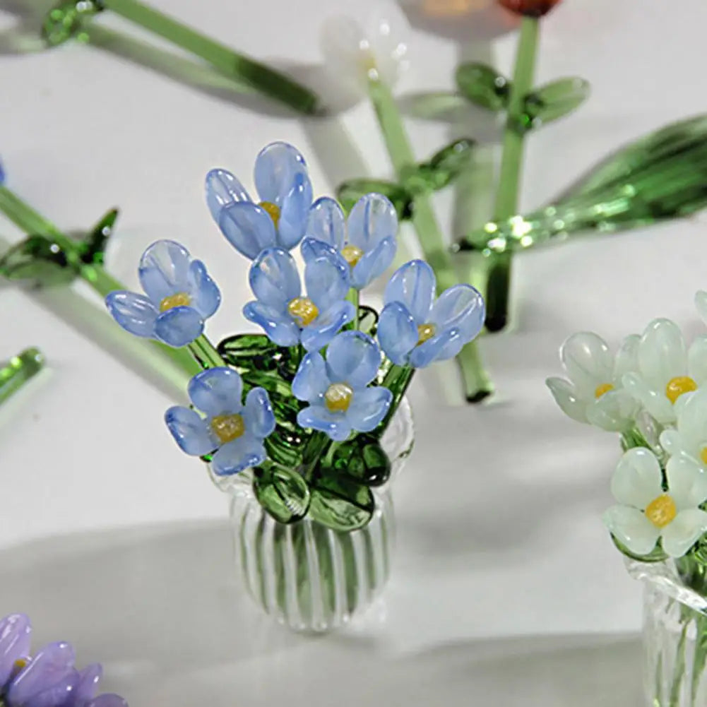 Glass Flower Decor Handcrafted Floral Sculpture Hand-blown Glass Flower Bouquet with Vase Mini Floral Decoration for Home Room