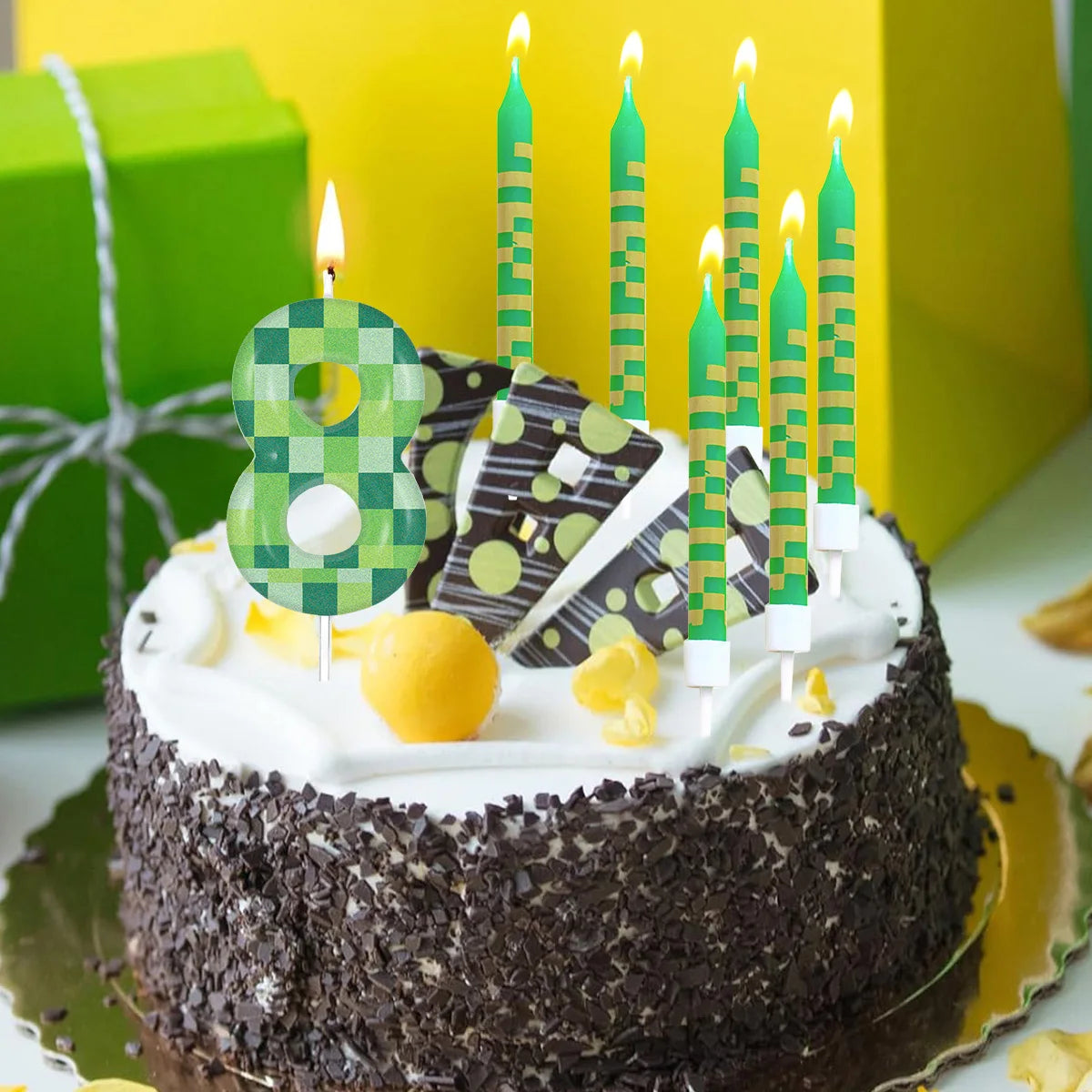 7pcs Green My World Candle Birthday Party Pixel Theme Birthday Party Video Game Party Decoration 0-9 Cake Top Digital Candles