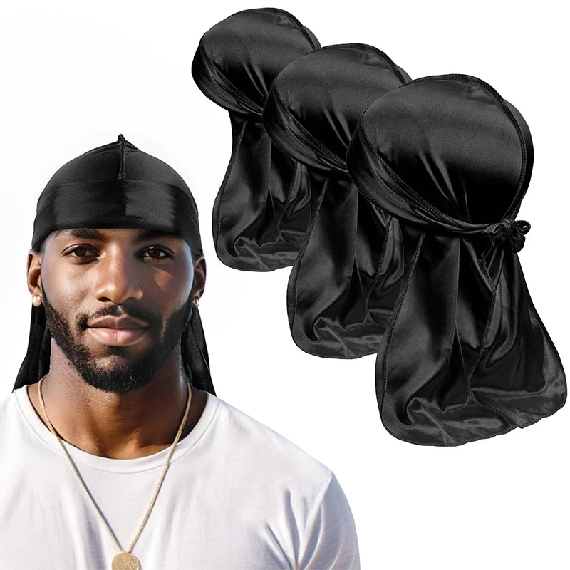 3PCS/LOT Long Durag Silk Satin Bandanas Cap Turban Hat Wigs Biker Headwrap Chemo Cap Pirate Hat Men Women Hair Accessories