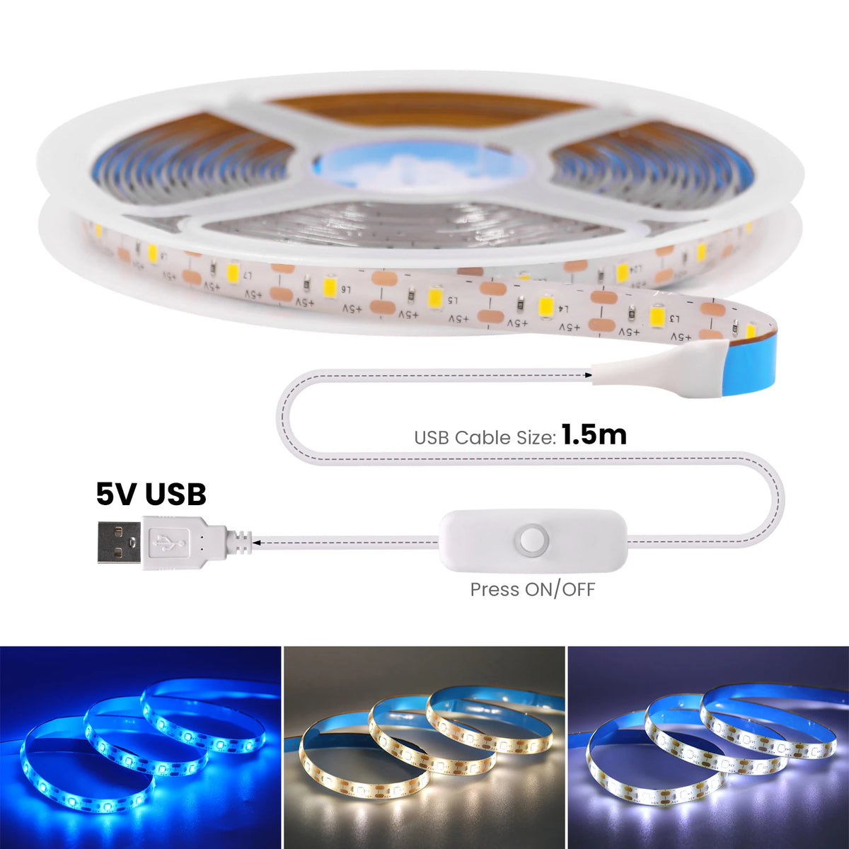 5V 2835 LED Strip Light 2835 60Leds/m Flexible Fita Led Tape With Switch White Warm Blue Waterproof LED Lights for Room Decor