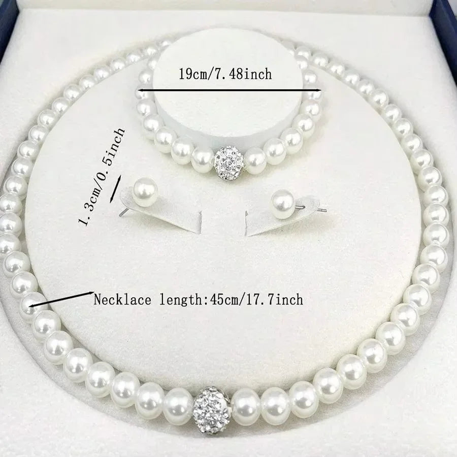 3 PCS Imitation Pearl Fireball Necklace Bracelet Earring Stud Jewelry Set Silver Color Crystal Stone Elegant Bridal Jewelry Gift