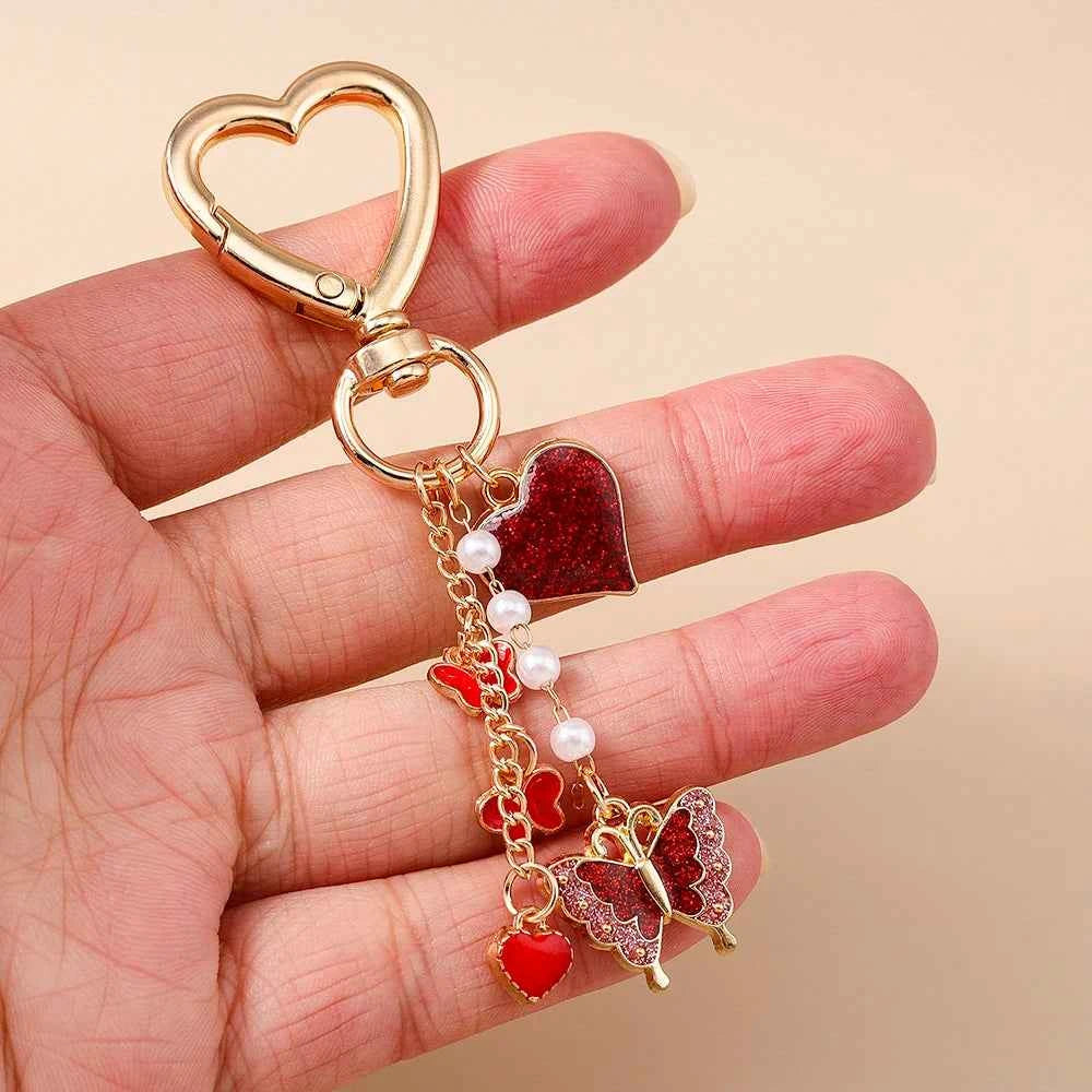 Cute Enamel Flower Butterfly Keychain Women Girls Love Heart Key Ring Pendants Handbag Decor DIY Handmade Jewelry Gifts