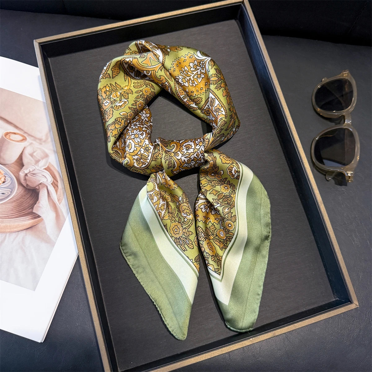 70cm Pink Floral Silk Scarf for Women Simulated Silk Fresh and Elegant Versatile Headwear Clothing Bags and Square Scarf