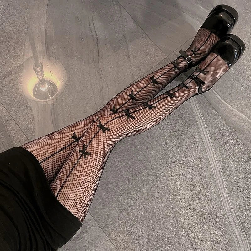 Sexy Hollow Out Transparent Slim Fishnet Pantyhose Women Bow Black White Tights Gothic Lolita JK Cute Bowknot Mesh Stockings