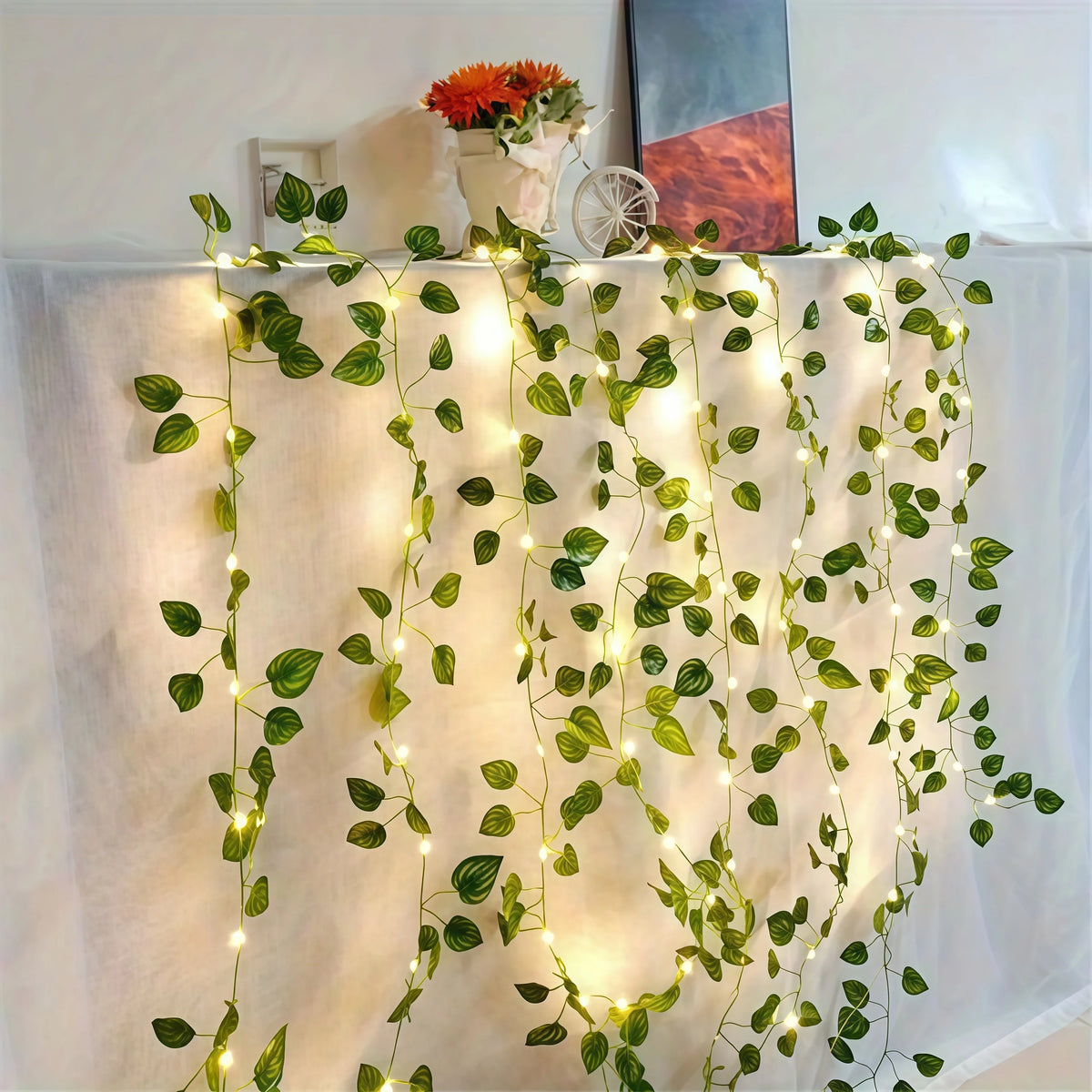 LED Green Leaf Fake Plants String Light 20/50/100LED Ivy Lights Battery Powered for Halloween Christmas Wall House Office Decor