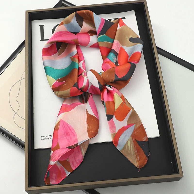 2025 Silk Shawl Print Headscarf Cat Hair Wrap Neckerchief Female Satin Square Scarf For Women Headband Foulard Hijab Bandana