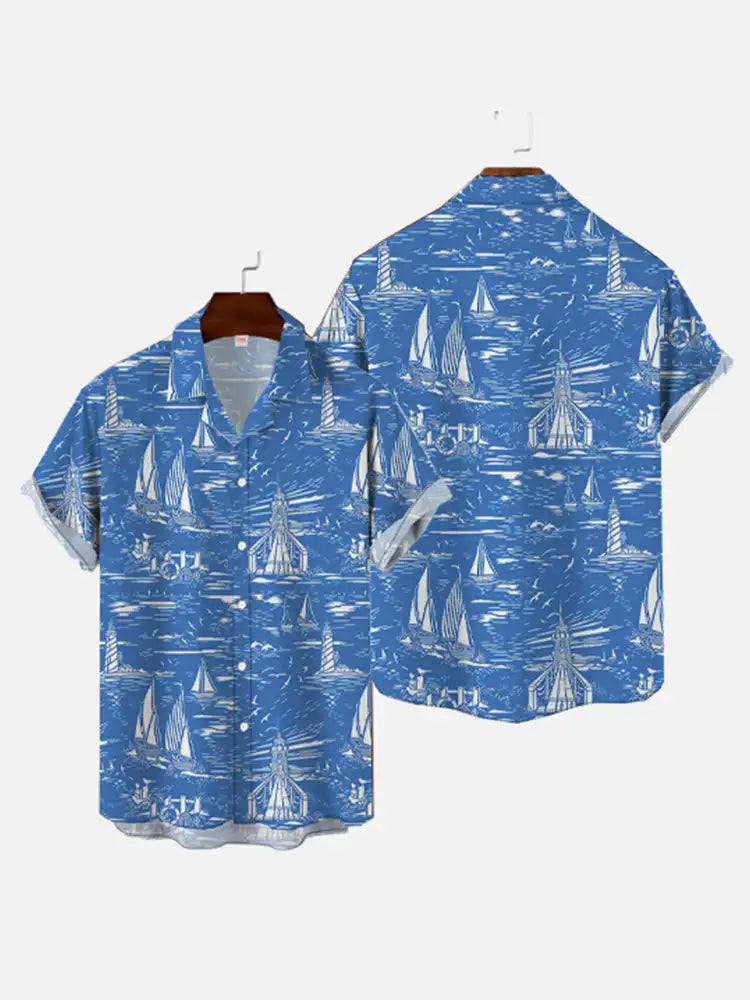 Vintage Men's Mermaid Print Shirts Boat Anchor Print Button Shirts Summer Ocean Element Shirts Men's Hawaiian Leisure Shirts