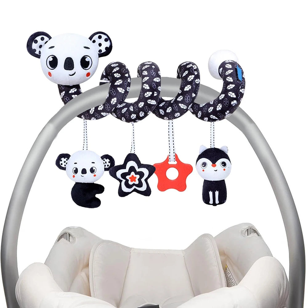 Newborns Spiral Hanging Activity Stroller Toy Baby Carseat Toy Black & White Lion Koala Rattle  for Crib Mobile Sensory Toy Gift