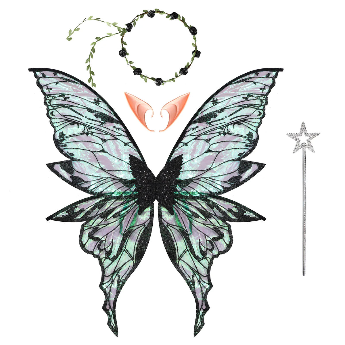 Butterfly Fairy Elf Costume Wing Princess Angel Wing Ears Star Fairy Stick Garland Set Halloween Cosplay Party Photography Props