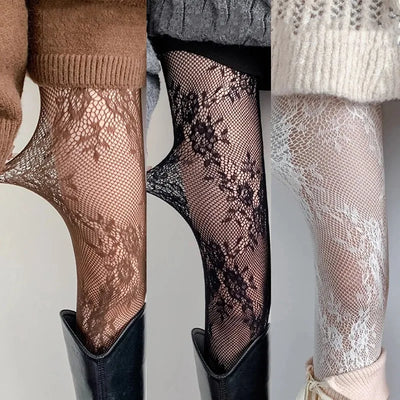 Harajuku Black White Brown Hollowed Out Lace Mesh Pantyhose Floral Rattan Bottomed Stockings Sexy Women Tights Fashion Hosiery