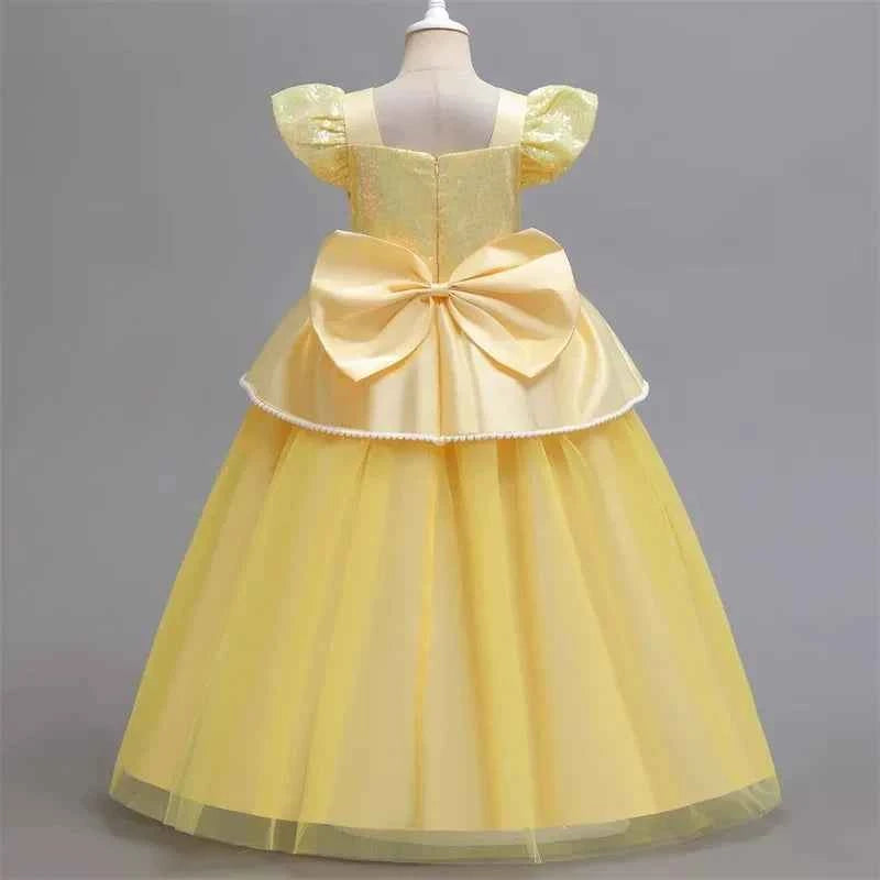 Beauty and the Beast Inspired Party Mesh Dress for Girl Elegant Fancy Princess Costume Belle Deluxe Ball Gown Kid Christmas Robe
