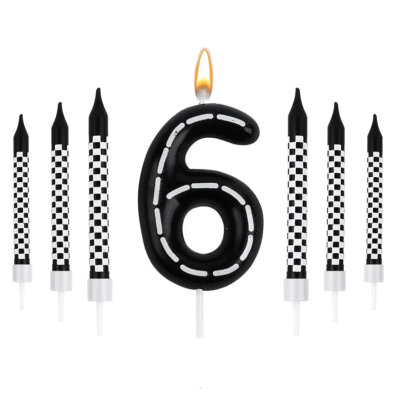 7Pcs/set Racing Cars Birthday Number Candles Black White Checkered Themed Cake Topper Kids Boys Birthday Party Decoration Favors