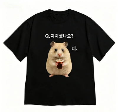 Korean Style Funny Short Sleeve Cute Hamster Meme T-shirt for Women Men "Are You Tired?" Graphic Crew Neck Tee Versatile Top