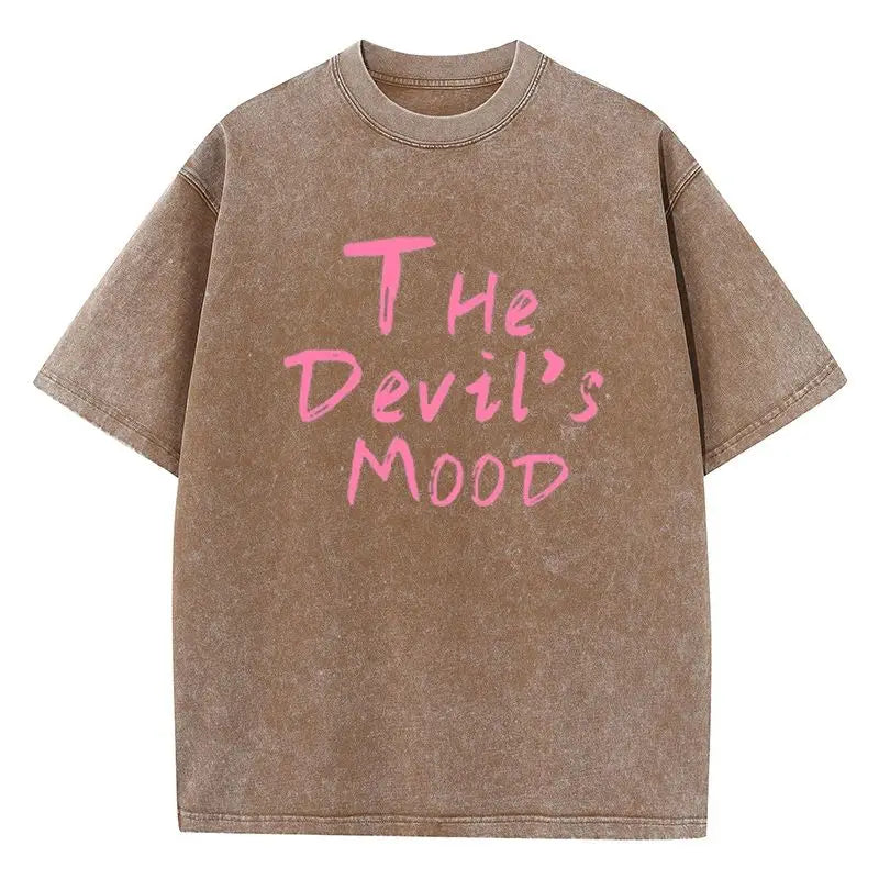 Fashion Womans Cotton Washed T-shirts The Devil's Moon Letter Prints Tops Casual O-Neck Oversize Tees Street Female Clothes