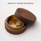 New Creative Ashtrays With Lid Walnut Wood Desktop Ashtray Stainless Steel Windproof Ash Tray for Smoking Office Home Decoration