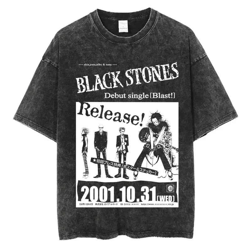 Japanese Anime Nana Osaki Print Vintage Washed Tshirt Harajuku Streetwear Graphic T-Shirt Summer Short Sleeve Cotton Tshirt