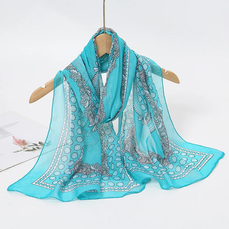 2024 New Print Chiffon Scarf Shawl Women Sunscreen Silk Scarf Turban Long Wrap Beach Travel Outdoor Accessories Trendy Headband