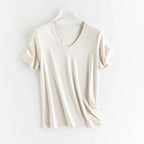High-end New 10% Silk & Mercerized Cotton Women T-shirt Luxury Tee Short Sleeve Silky Feeling Summer Wear 2025 Tops V / O-neck