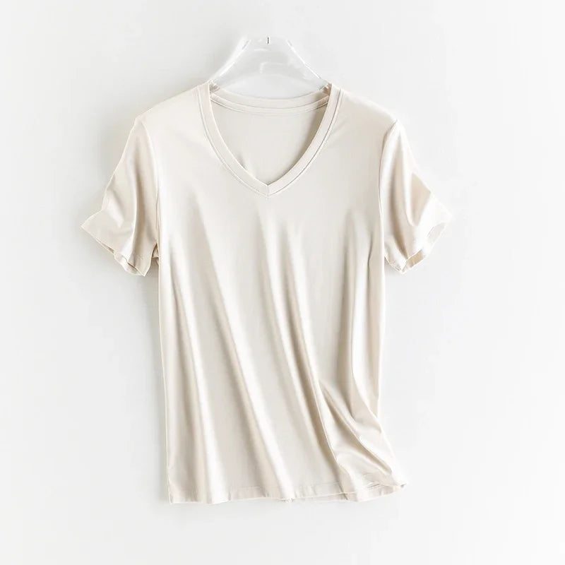 High-end New 10% Silk & Mercerized Cotton Women T-shirt Luxury Tee Short Sleeve Silky Feeling Summer Wear 2025 Tops V / O-neck