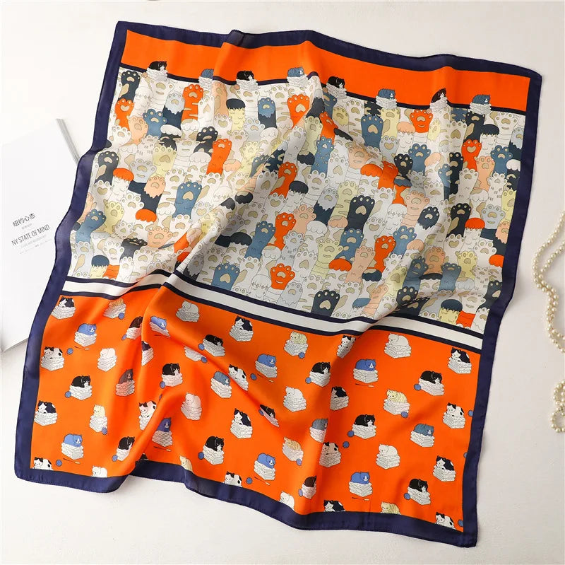 2025 Silk Shawl Print Headscarf Cat Hair Wrap Neckerchief Female Satin Square Scarf For Women Headband Foulard Hijab Bandana