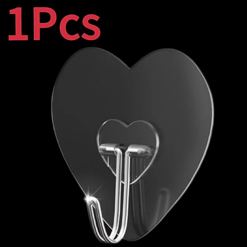 Heart Shape Transparent Hooks Non Punching Plastic Love Hangers Holder Self Adhesive Key Towel Multi-Purpose Hooks Storage Rack