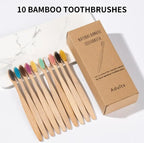 Set of 10 bamboo toothbrushes with a cardboard box on a white background