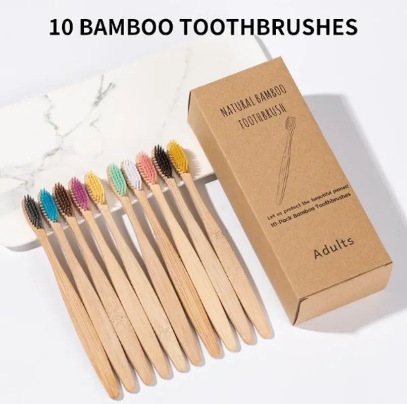 Set of 10 bamboo toothbrushes with a cardboard box on a white background