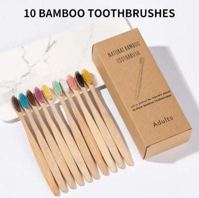 Set of 10 bamboo toothbrushes with a cardboard box on a white background