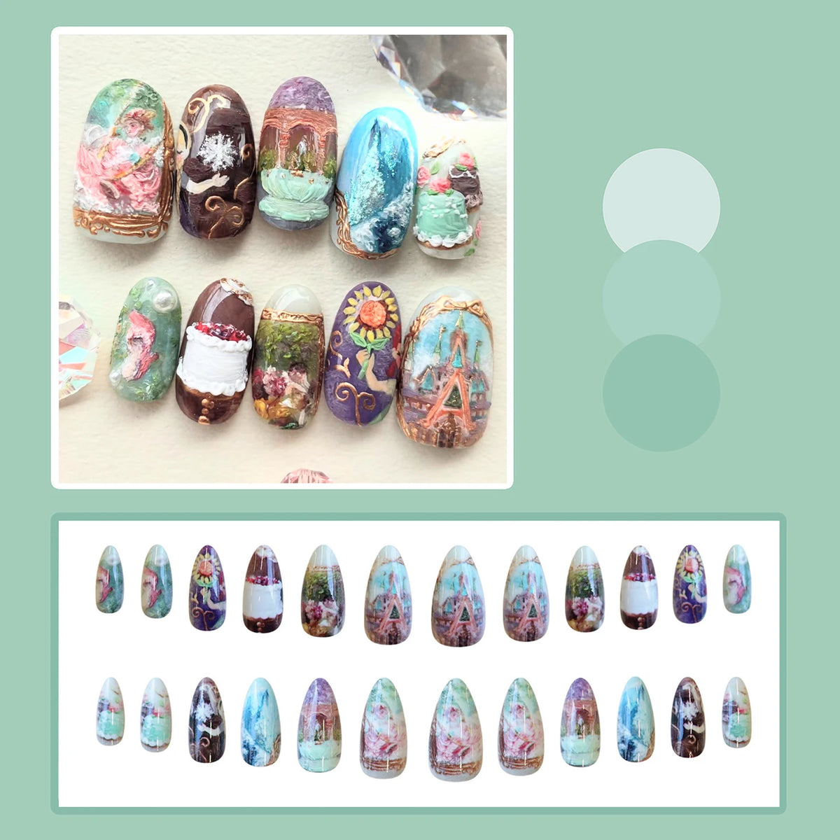 24pcs Gradient Black False Nails Cute Cartoon Cat's Eye Forest Elf Girl Press On Nails Glossy Almond Sweet Cool Fake Nail Tips