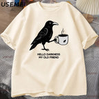 Vintage Crow Coffee T Shirt Halloween T-Shirt Fall Tee Women Men Cotton Tops Creative Crew Neck Tees Short Sleeve Loose TShirt