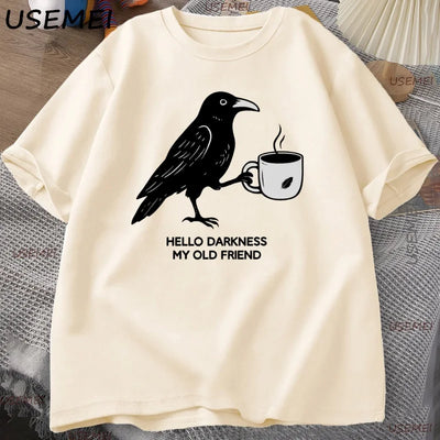 Vintage Crow Coffee T Shirt Halloween T-Shirt Fall Tee Women Men Cotton Tops Creative Crew Neck Tees Short Sleeve Loose TShirt