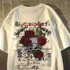2025 New pure cotton American retro skull print T-shirt with round neck and short sleeve women summer European and American tops