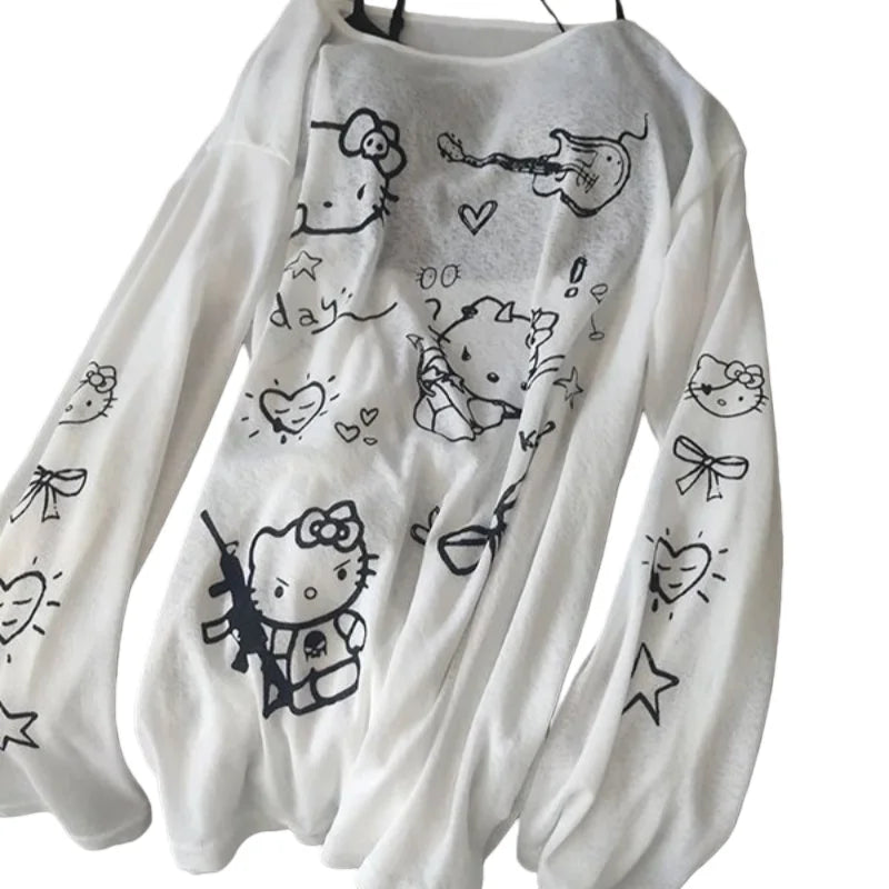 Hello Kitty Women's Round Neck UV Protection Cover Up Long Sleeve T-Shirt Summer Kawaii Loose Fit Casual Oversized Top