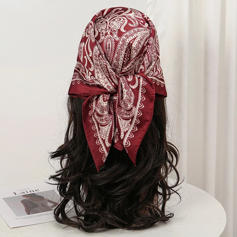 Bohemian Style Floral Print Women’s Square Silk Scarf Satin Head Wrap Tropical Leaf Flower Design Scarves Bandana Hijab