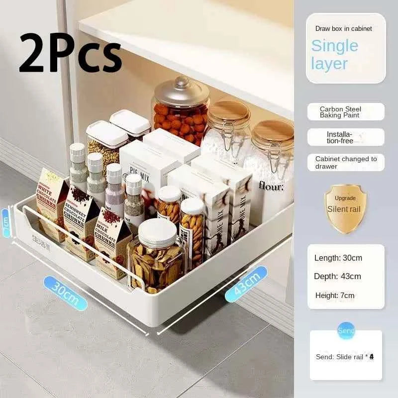 New Kitchen Storage Rack with Slide Rails Pull-out Kitchen Drawer Type Storage Tray Spice Box Storage Shelf Cabinets Organizer