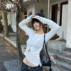 Tonngirls American Retro Print T-shirt Women Long Sleece Button Graphic Tops Y2k Tops 2000s Japanese Grunge Tops E-girls Autumn