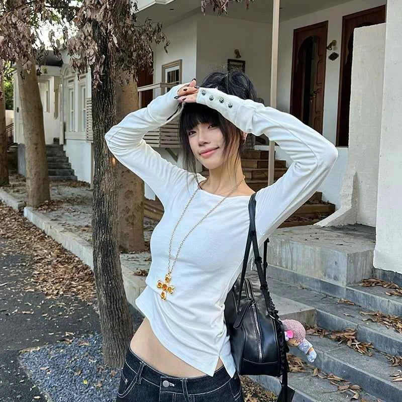 Tonngirls American Retro Print T-shirt Women Long Sleece Button Graphic Tops Y2k Tops 2000s Japanese Grunge Tops E-girls Autumn