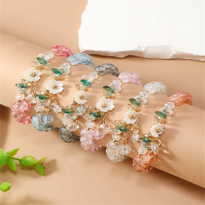 6pcs/set Colorful Popcorn Crystal Beaded Women Bracelet Daisy Flower Pendant Fashion Bracelet Mom Girlfriend Valentine's Day Gif