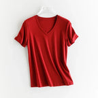 High-end New 10% Silk & Mercerized Cotton Women T-shirt Luxury Tee Short Sleeve Silky Feeling Summer Wear 2025 Tops V / O-neck