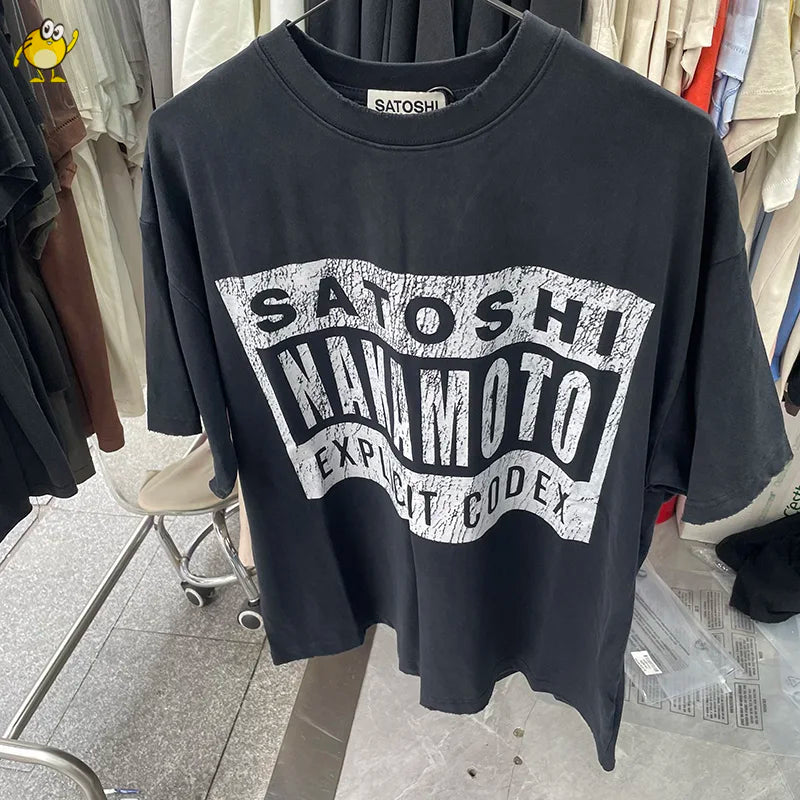 Summer Streetwear Satoshi Nakamoto T Shirt Men Woman Fashion Vintage Print Short Sleeve Washed Damaged Hole Old  Top Tee